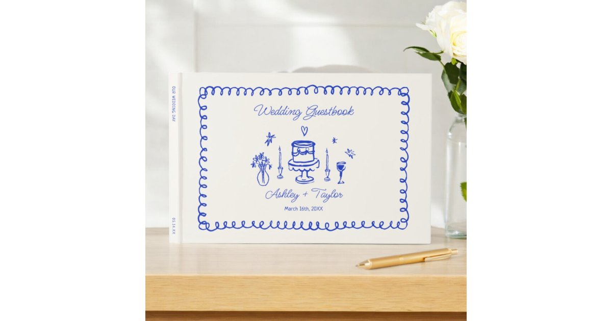 Whimsical Hand Drawn Quirky Blue Wedding Guest Book