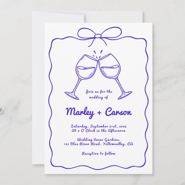 Whimsical Hand Drawn Quirky Royal Blue Wedding Invitation (Front)
