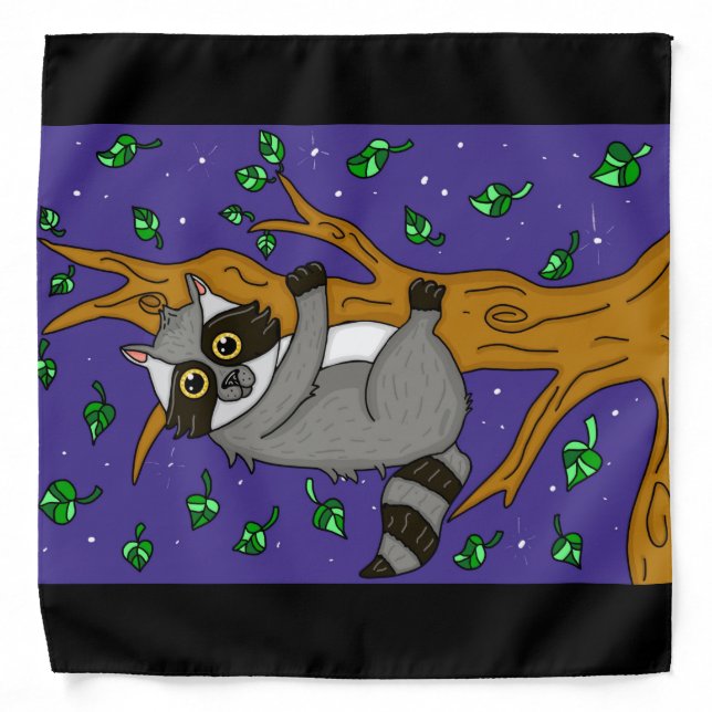 Whimsical Hand Drawn Raccoon Hanging from Tree  Bandana (Front)