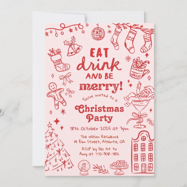 Whimsical Hand Drawn Red and Pink Christmas Party Invitation (Front)