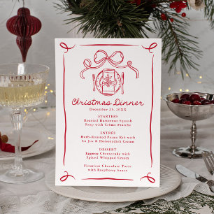 Whimsical Hand-Drawn Red Bow Christmas Dinner Menu