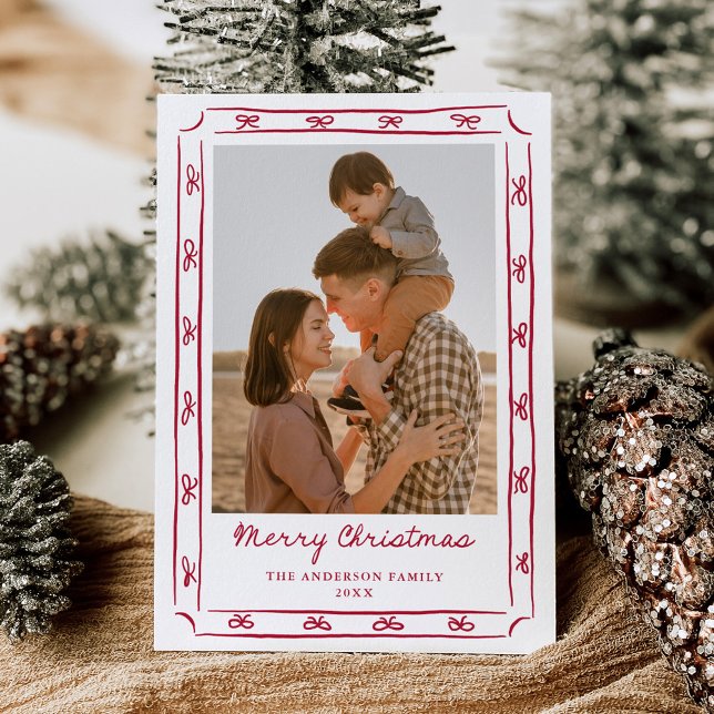 Whimsical Hand-Drawn Red Bow Frame 2 Photo Holiday Card (Creator Uploaded)