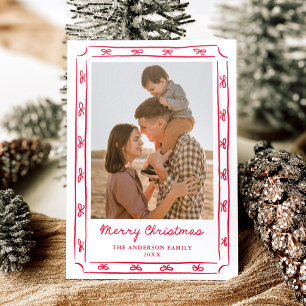 Whimsical Hand-Drawn Red Bow Frame Christmas Letterpress Photo Cards
