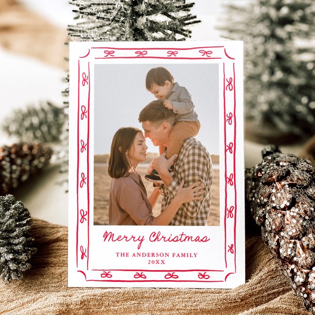 Whimsical Hand-Drawn Red Bow Frame Christmas Letterpress Photo Cards (Creator Uploaded)