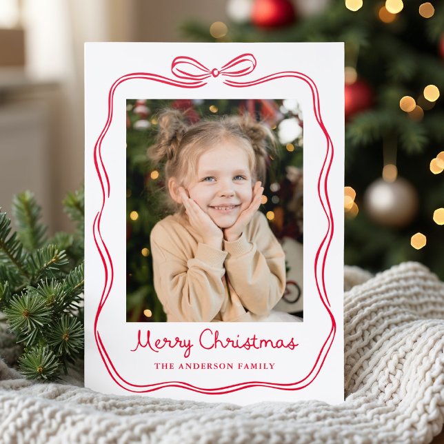 Whimsical Hand-Drawn Red Bow Frame Christmas Letterpress Photo Cards (Creator Uploaded)