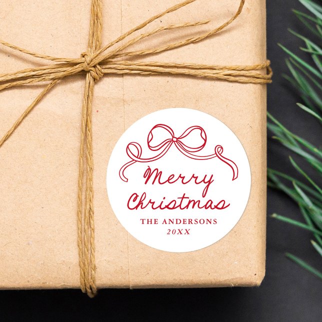 Whimsical Hand-Drawn Red Bow Merry Christmas Classic Round Sticker (Creator Uploaded)