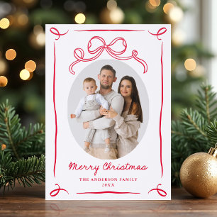 Whimsical Hand-Drawn Red Bow Merry Christmas Letterpress Photo Cards