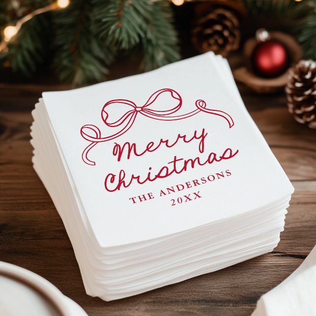 Whimsical Hand-Drawn Red Bow Merry Christmas Napkins (Creator Uploaded)