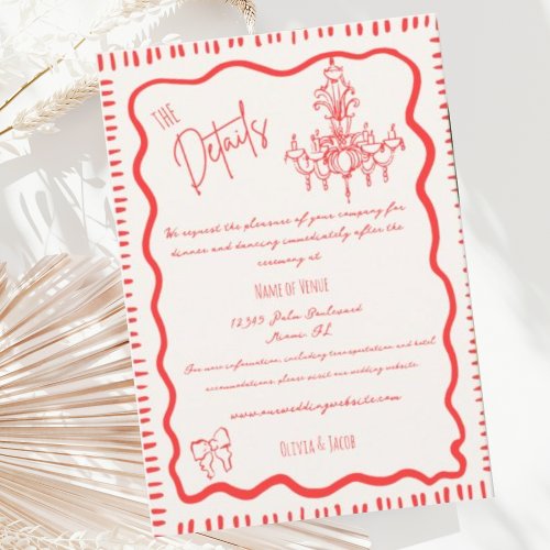 Whimsical Hand Drawn Red Bow Wavy Wedding Details Enclosure Card