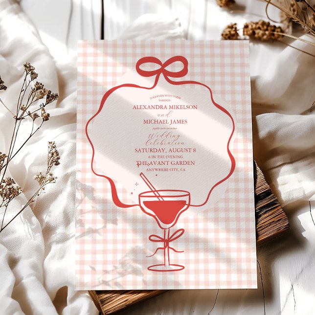 Whimsical Hand Drawn Red Bow Wavy Wedding Invitation (Creator Uploaded)