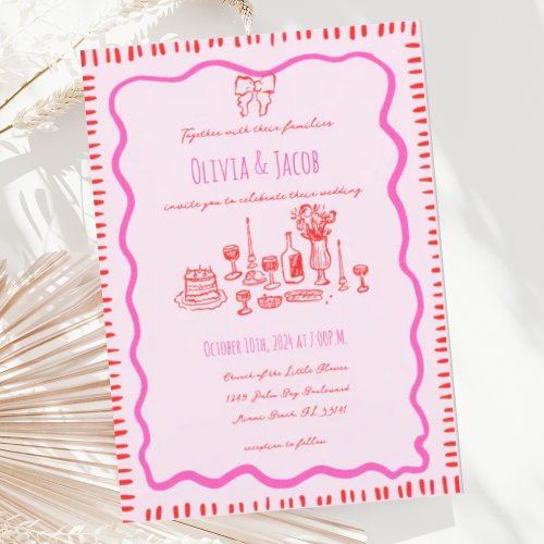 Whimsical Hand Drawn Red Bow Wavy Wedding Invitation