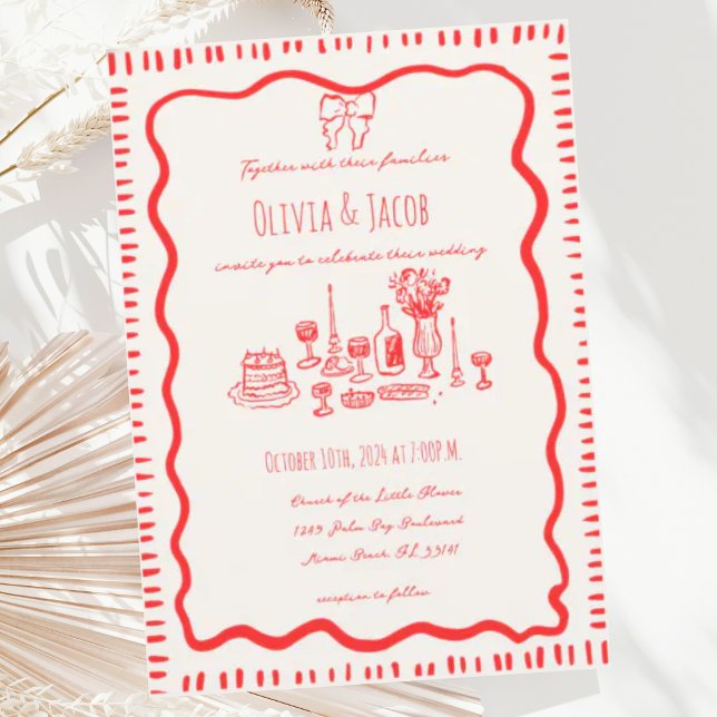 Whimsical Hand Drawn Red Bow Wavy Wedding Invitation (Creator Uploaded)