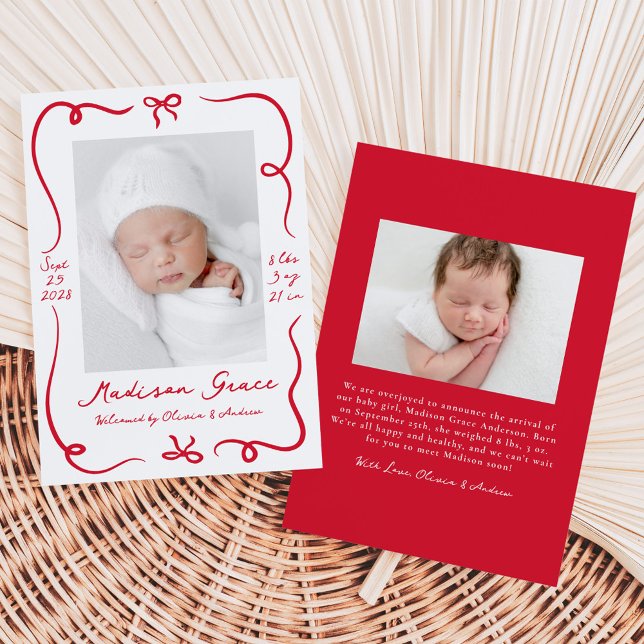 Whimsical Hand-Drawn Red Bows 2 Photo Birth Announcement (Creator Uploaded)