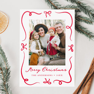 Whimsical Hand-Drawn Red Bows Christmas Letterpress Photo Cards