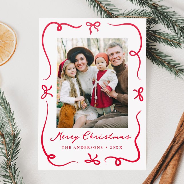 Whimsical Hand-Drawn Red Bows Christmas Letterpress Photo Cards (Creator Uploaded)