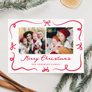 Whimsical Hand-Drawn Red Bows Christmas Letterpress Photo Cards