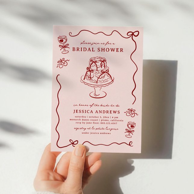 Whimsical Hand Drawn Red Cherries & Bows Invitation (Creator Uploaded)