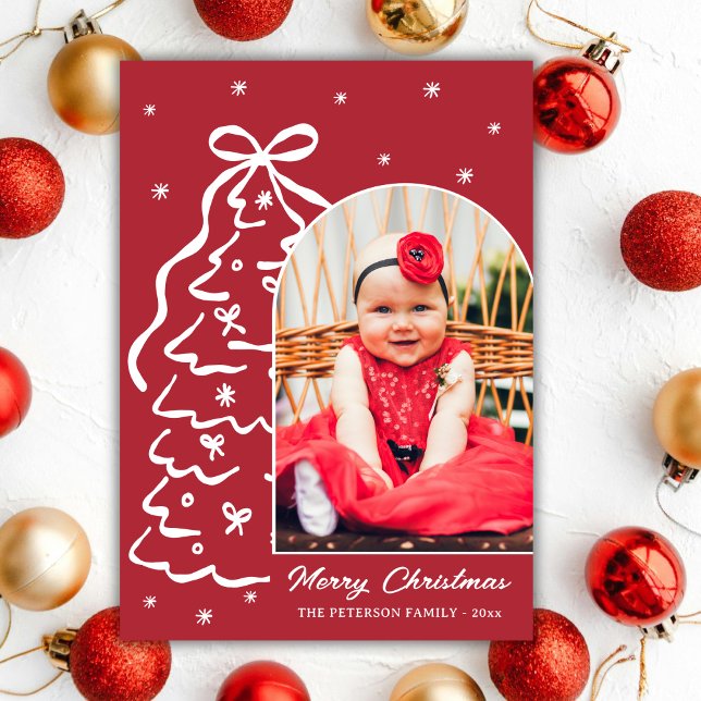 Whimsical Hand-Drawn Red Christmas Tree Arch Photo Holiday Card (Creator Uploaded)
