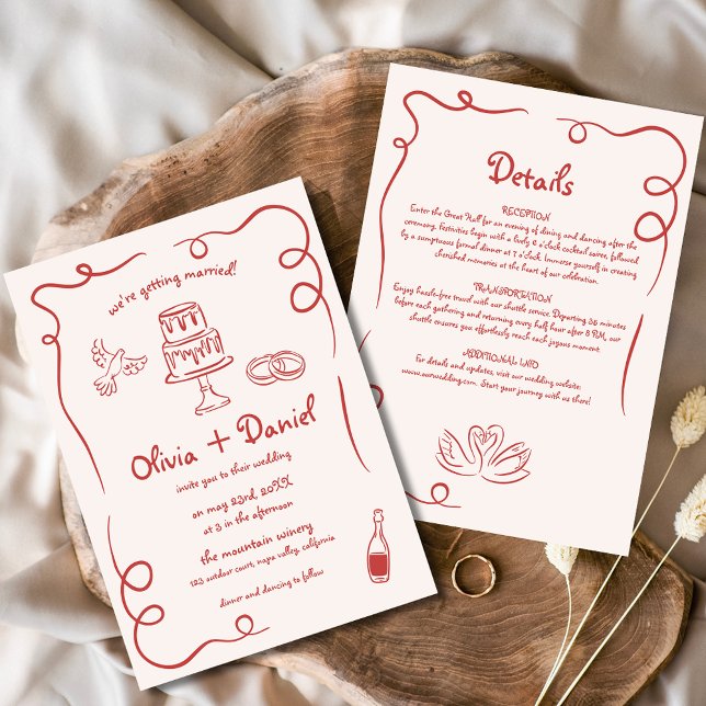 Whimsical Hand Drawn Red Details Wedding Invitation (Creator Uploaded)