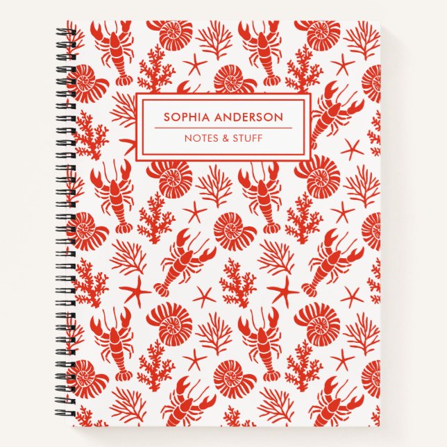 Whimsical Hand Drawn Red Lobster & Shells Custom Notebook (Front)