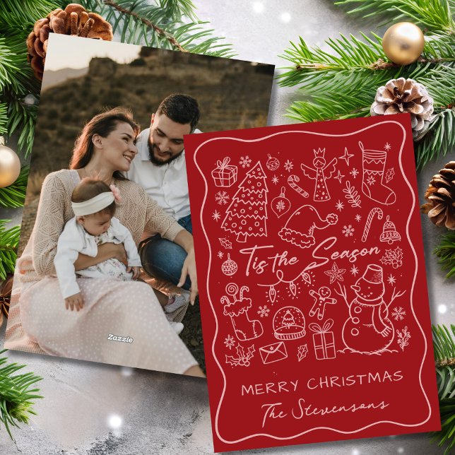 Whimsical Hand Drawn Red & Pink Photo Christmas  Holiday Card (Creator Uploaded)