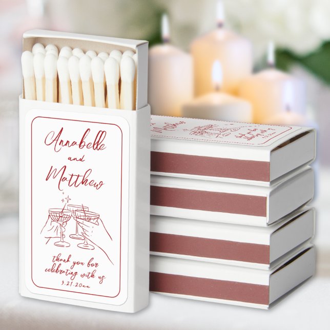 Whimsical Hand Drawn Red Wedding Matchboxes (Whimsical Hand Lettered Illustrated Red Wedding Matchboxes)