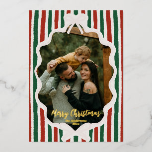 Whimsical Hand Drawn Retro Red Green Ribbon Bow Foil Holiday Card