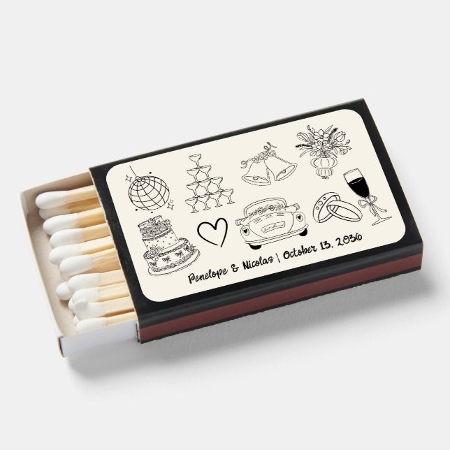 Whimsical Hand Drawn Retro Wedding Favor Matches (Front Open)