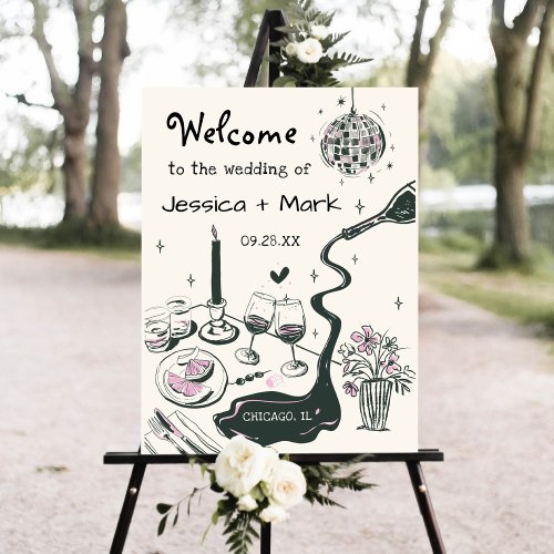 Whimsical Hand Drawn Retro Wedding Welcome Sign