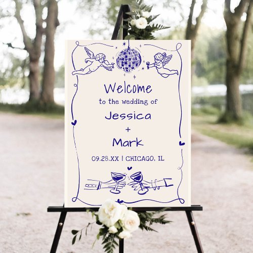 Whimsical Hand Drawn Retro Wedding Welcome Sign