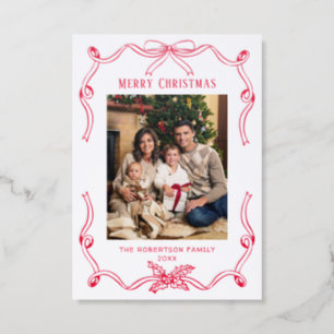 Whimsical Hand Drawn Ribbon Christmas Holiday Letterpress Photo Cards