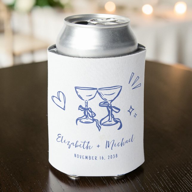 Whimsical Hand Drawn Romantic Blue Wedding Can Cooler (Whimsical Hand Drawn Romantic Blue Wedding Can Cooler)