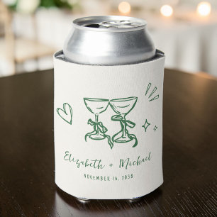 Whimsical Hand Drawn Romantic Green Cream Wedding Can Cooler