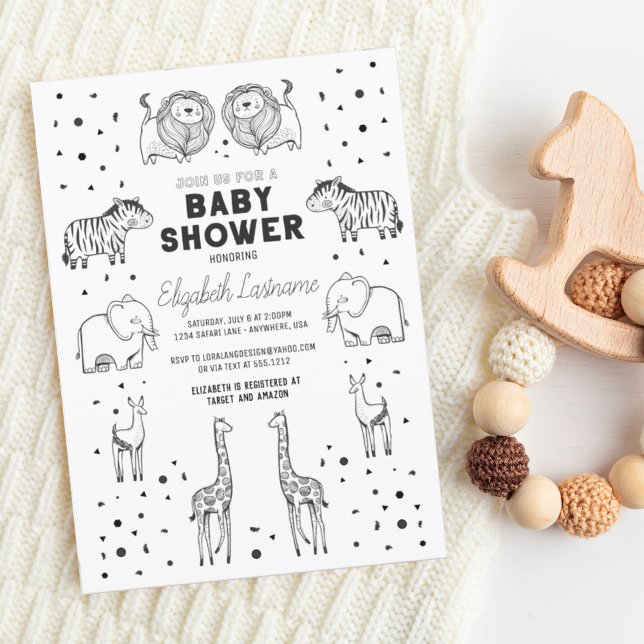 Whimsical Hand Drawn Safari Animals Baby Shower Invitation (Creator Uploaded)