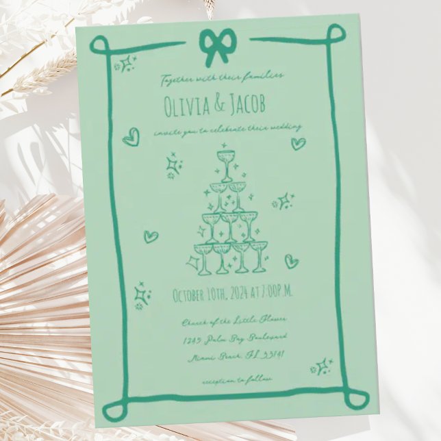 Whimsical Hand Drawn Sage Bow Scribble Wedding Invitation (Creator Uploaded)