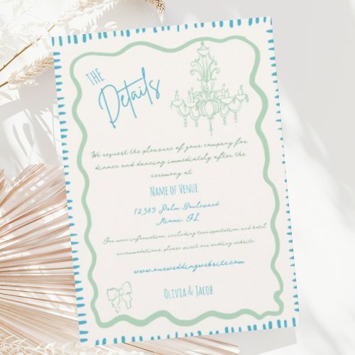 Whimsical Hand Drawn Sage Bow Wavy Wedding Details Enclosure Card