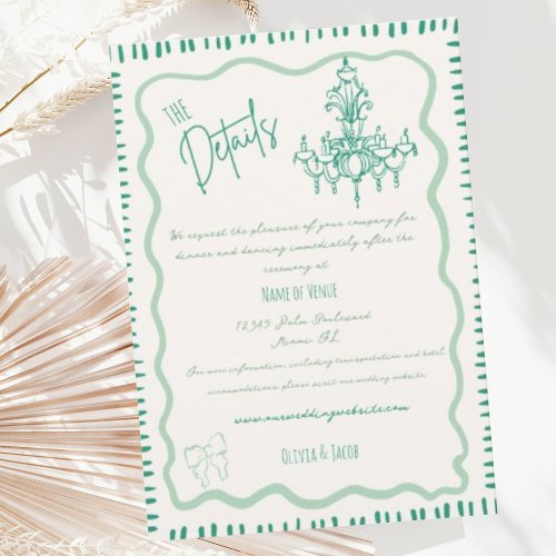Whimsical Hand Drawn Sage Bow Wavy Wedding Details Enclosure Card