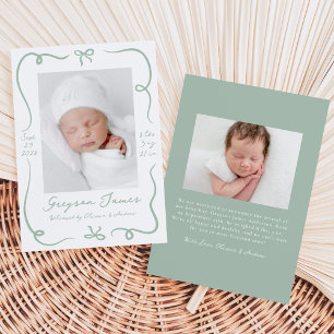 Whimsical Hand-Drawn Sage Green Bows 2 Photo Birth Announcement