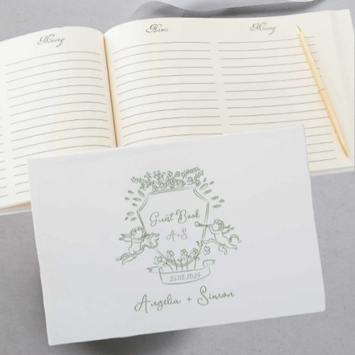 Whimsical Hand drawn Sage Green Crest Guest Book