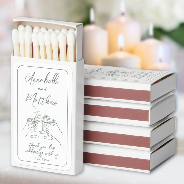 Whimsical Hand Drawn Sage Green Wedding Matchboxes (Whimsical Hand Drawn Sage Green Wedding Matchboxes)