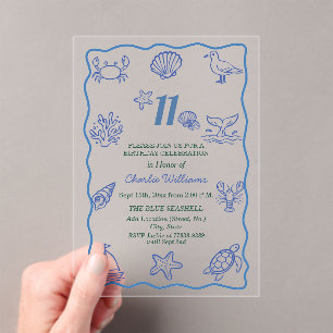 Whimsical Hand Drawn Sea Life 11th Birthday Party Acrylic Invitations