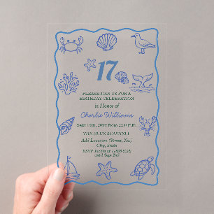 Whimsical Hand Drawn Sea Life 17th Birthday Party Acrylic Invitations