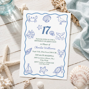 Whimsical Hand Drawn Sea Life 17th Birthday Party Invitation