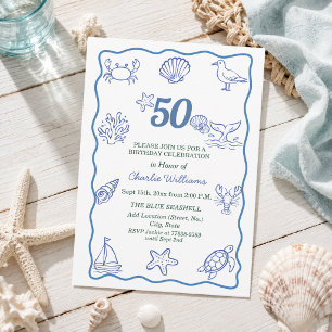 Whimsical Hand Drawn Sea Life 50th Birthday Party Invitation