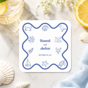 Whimsical Hand Drawn Sea Life Wedding Favor Square Paper Coaster