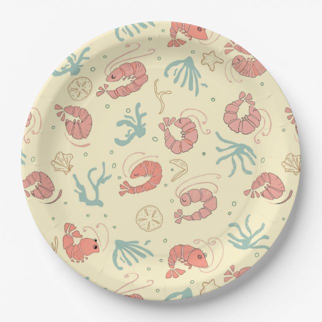 Whimsical Hand-Drawn Shrimp Summer Party, Paper Plates (Front)