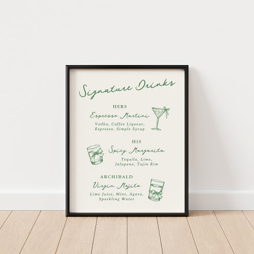 Whimsical Hand Drawn Signature Drinks Green Poster