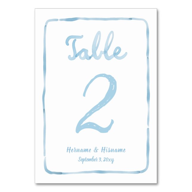 Whimsical Hand Drawn Simple Light Blue White Table Number (Front)