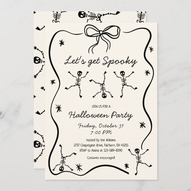 Whimsical Hand Drawn Skeleton Bow Frame Halloween  Invitation (Front/Back)