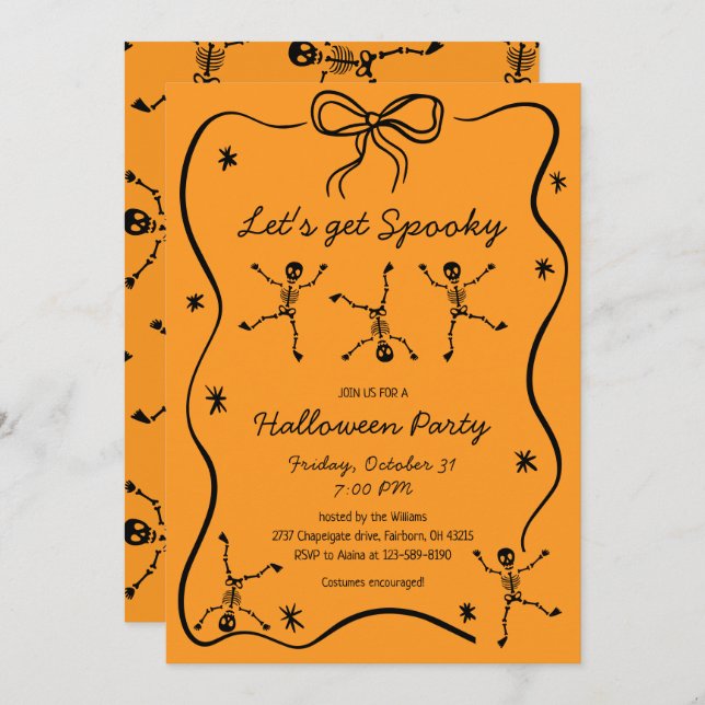 Whimsical Hand Drawn Skeleton Bow Frame Halloween  Invitation (Front/Back)